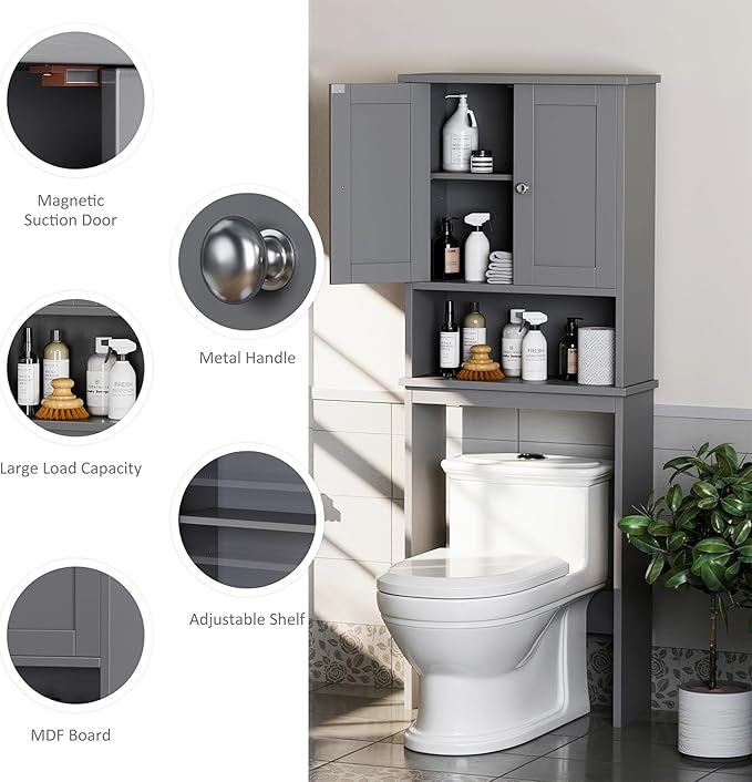 Meilocar Over The Toilet Storage Cabinet, Bathroom Storage Cabinet Over Toilet with 2 Wood Doors, Freestanding Space Saver, Adjustable Shelf & Open Shelf, Grey