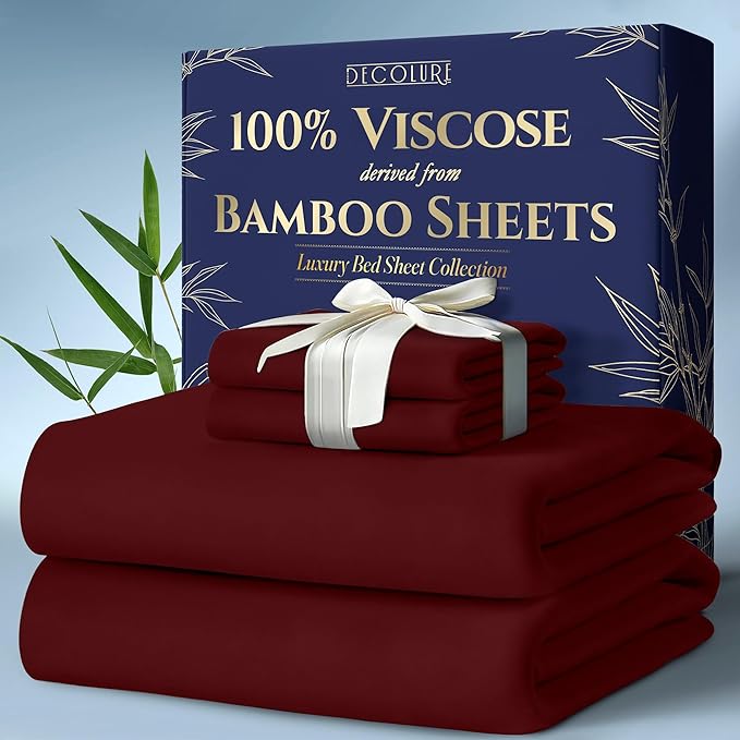 DECOLURE 100% Viscose Derived from Bamboo Sheets Full Size 4pcs - Ultra Soft & Luxuriously Cooling, 17" Deep Pocket, Double Stitching, Perfect for Hot Sleepers - Full Bed Sheets (Burgundy)