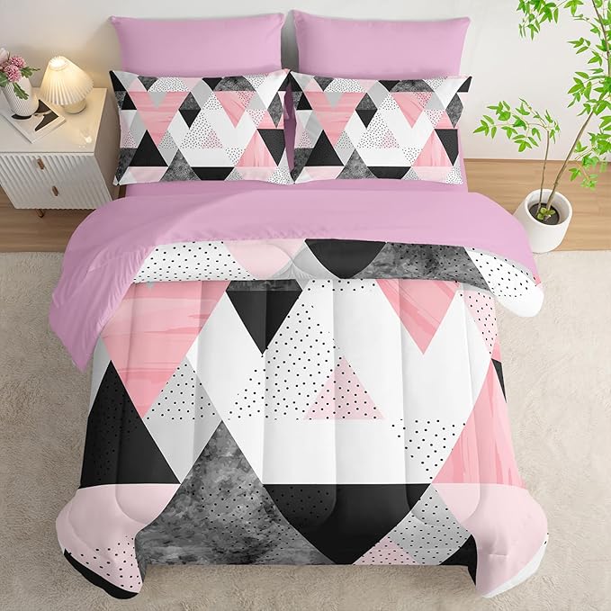 Twin Size Comforter Set - 7 Piece Pink & Gray Triangle Geometric Bedding, Ultra Soft Microfiber, Modern Aesthetic, All Season