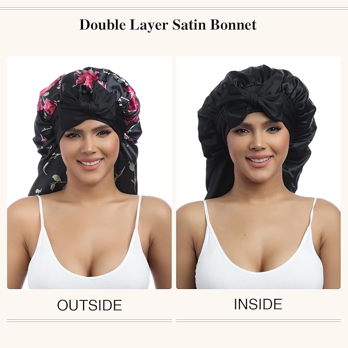 AWAYTR Long Satin Bonnet for Women - Double Layer Elastic Silk Bonnet for Braids Hair Sleeping Cap with Tie Band (Flower C)