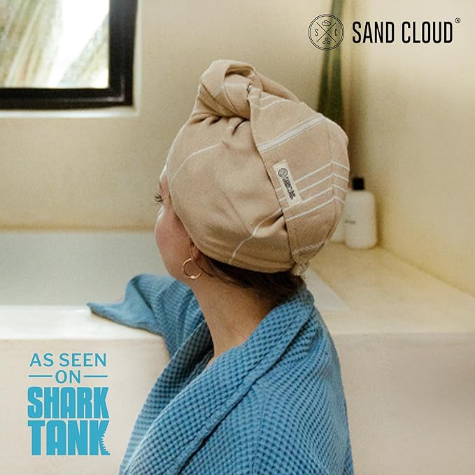 Sand Cloud Hair Towel Wrap for Women & Men, (Sand, Classic) - 100% Turkish Cotton Quick Hair Drying Towel Wrap - Absorbent Half Terry Weave Hair Plop Head Towel Wrap with Binding Edge