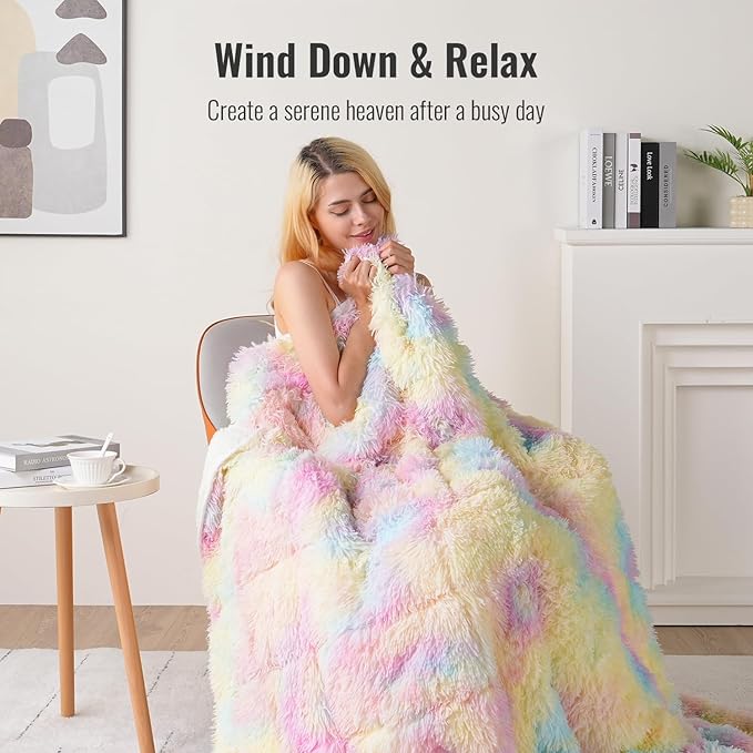 Uttermara Faux Fur Weighted Blanket Queen Size 15 lbs 60x80 inches, Warm Sherpa Weighted Blankets for Adults, Thick Heavy Blanket with Soft Plush Fleece & Cozy Sherpa Great for Relax, Rest, Rainbow