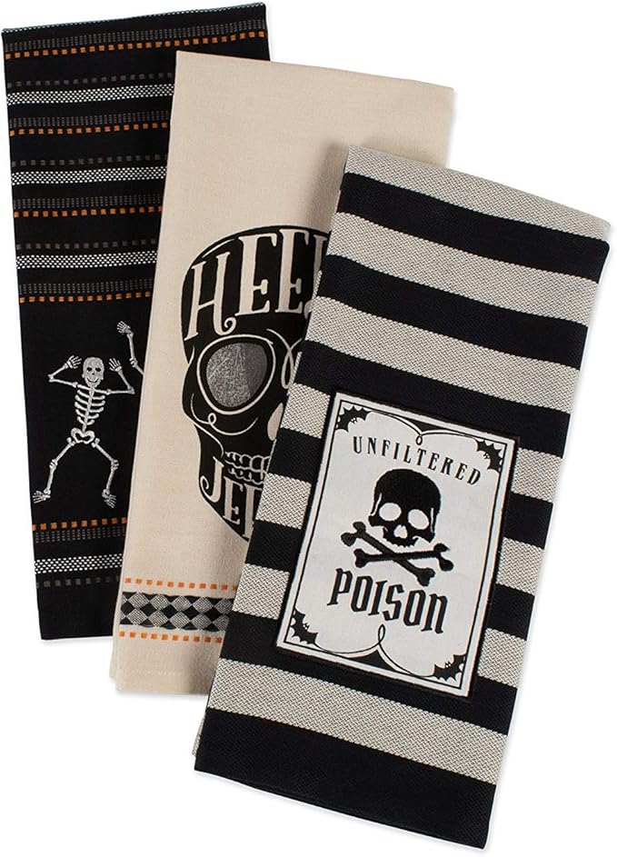 DII Happy Halloween Dishtowel Collection Embellished Cotton Kitchen Hand Towel Set, 18x28, Skeleton, 3 Count