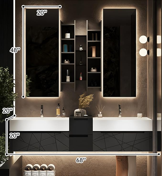 Double Bathroom Vanity with Sink, Floating Modern Bathroom Vanity Set Includes LED Smart Defogging Mirror and Open Storage Wall Cabinet, Solid Wood Bathroom Cabinet with Large Drawer (Dark Grey,68")