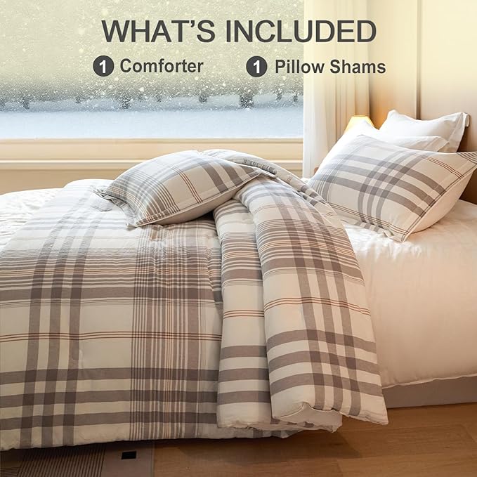 100% Cotton Comforter Set Twin Size – Reversible Yarn-Dyed Checkered Design, Soft Washed Cotton on Both Sides, Lightweight All-Season Bedding, Machine Washable(Grey White Plaid, 68”x90”)