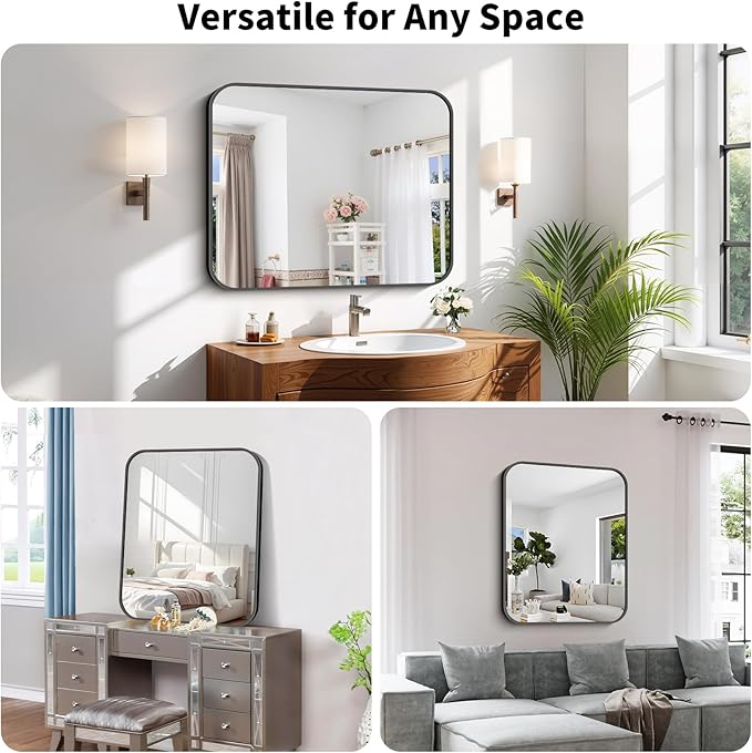 Koonmi Black Framed Bathroom Mirror - 28x36 Inch Shatterproof Tempered Glass Vanity Mirror for Bathroom Sink, Wall Mounted with Matte Aluminum Alloy Frame, No Distortion, Modern Decor