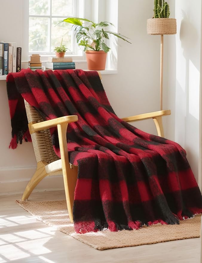 ZonLi Christmas Buffalo Plaid Blanket, Black and Red Plaid Throw Blankets with Tassel for Couch, Bed, Sofa, Chair, Outdoor, Cozy Warm Lightweight Farmhouse,50" x 60"
