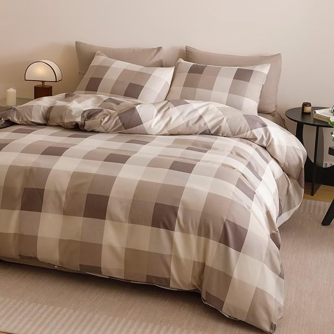 Cottonight Checkered Khaki Comforter Set Cal King Gingham Grid Bedding Set Khaki and Cream Coffee Grid Comforter Fluffy Soft Blanket Quilts Modern Cottagecore Comforter California King Bed