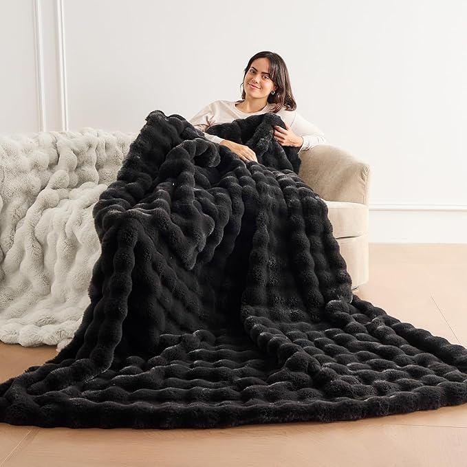 Fluffy Plush Faux Rabbit Fur Throw Blanket - Cozy, Fuzzy Bubble Blanket with Thick, Warm Decorative Fabric for Bed, Sofa (Queen Size 90''x90'', Black)
