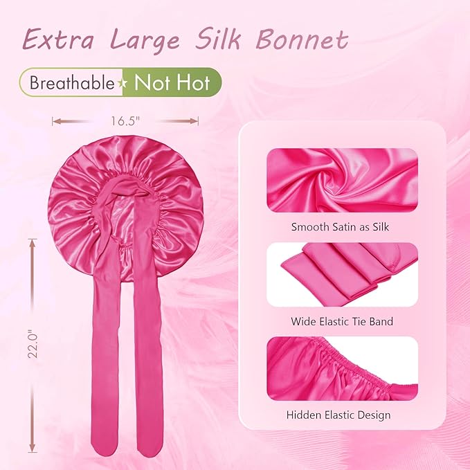 BONNET QUEEN Silk Bonnet for Sleeping Women Big Satin Bonnet Night Sleep Cap Wrap for Curly Hair with Adjustable Tie Band, Single Layer, Large, Hot Pink