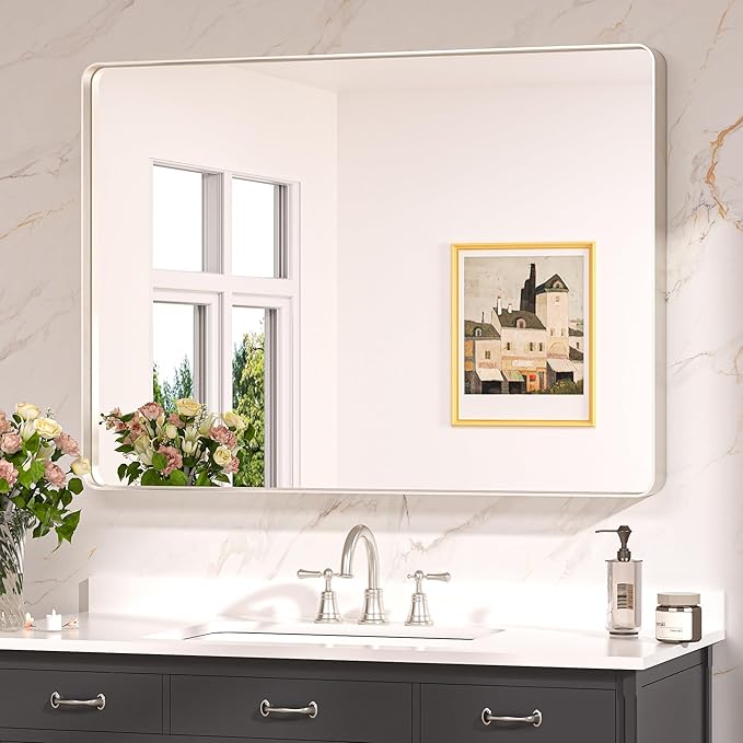 Keonjinn Brushed Nickel Mirror 40 x 30 Inch Large Silver Bathroom Mirror for Over Sink, Rounded Rectangle Farmhouse Vanity Mirror with Metal Frame, HD Tempered Glass Wall Mirror(Horizontal/Vertical)