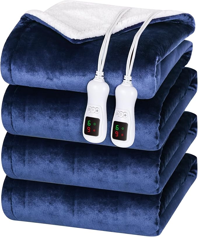 Electric Heated Blanket Queen Size, Washable Blanket Warmer with Dual Control for Home for Adults, Super Cozy Soft Flannel 84" x 90", 9 Heat Levels, 1-9H Auto-Off, ETL Certified, Navy Blue