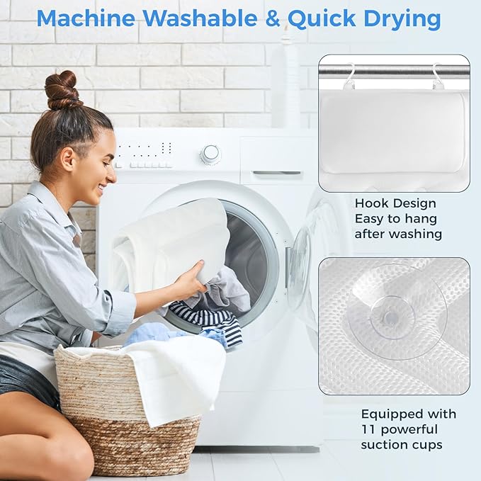 Full Body Bath Pillow for Tub, Soft Bathtub Pillow for Neck and Back Support, Washable 4D Mesh Bathtub Cushion with 11 Non-Slip Suction Cups, White