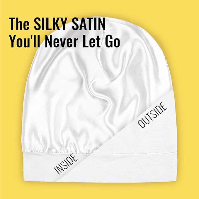 Satin Lined Sleep Cap Bonnet for Curly Hair and Braids, Stay On All Night Hair Wrap with Adjustable Strap for Women and Men, White, Pack of 1
