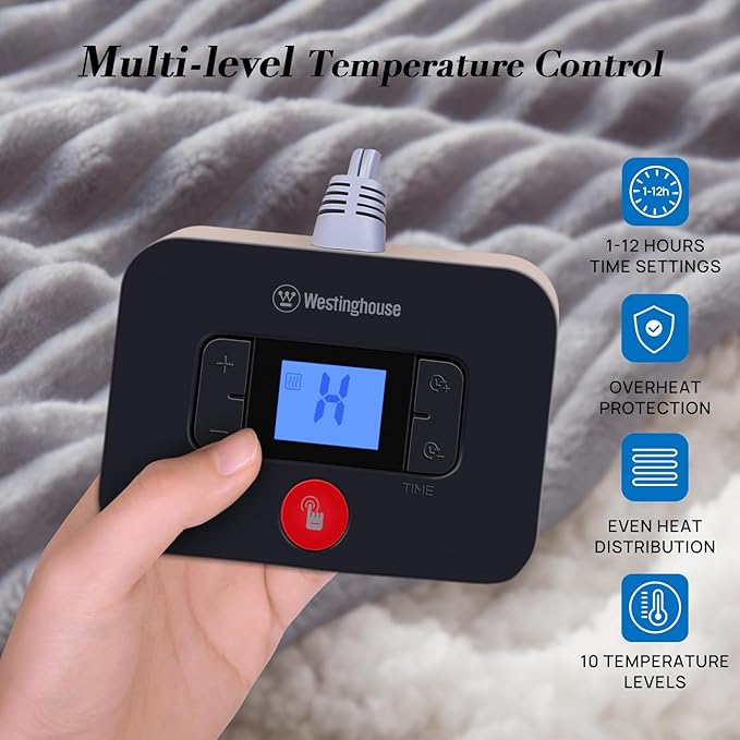 Westinghouse Electric Blanket Twin, Soft Ribbed Flannel to Sherpa Heated Blanket with 10 Heating Levels & 1-12 Hours Auto Shut Off, Fast Heating & Machine Washable, 62x84 Inch, Light Grey