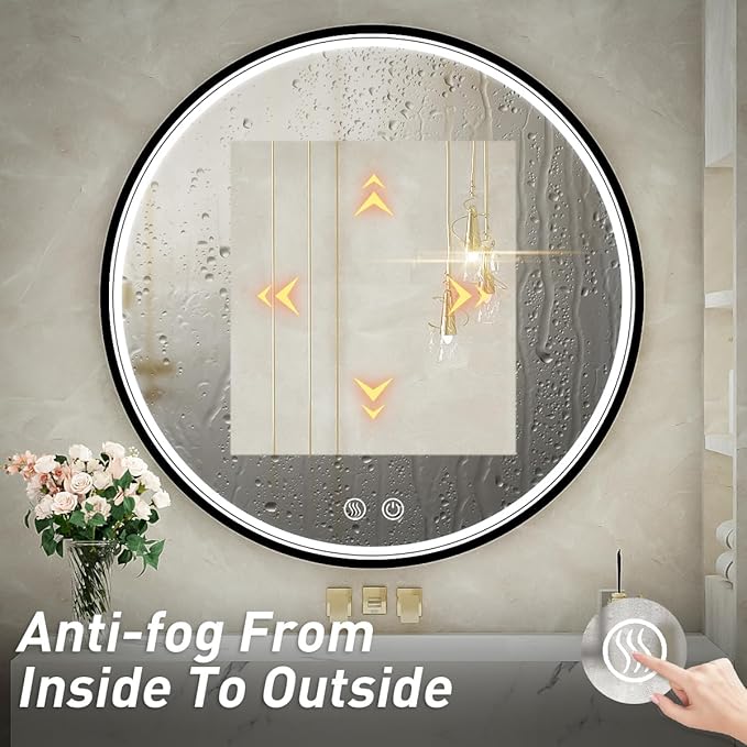 36" Round LED Bathroom Mirror, Dimmable Anti-Fog Vanity Mirror with Touch Control, 6000K Natural Light, Black Metal Frame, Wall Mounted for Makeup Shaving (IP54, 90+ CRI)