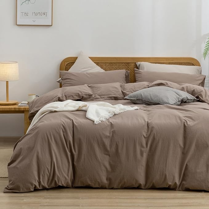 BESTOUCH Duvet Cover Set 100% Washed Cotton Linen Feel Super Soft Comfortable Chic Lightweight 3 PCs Home Bedding Set Solid Pine Bark Brown Oversized Queen