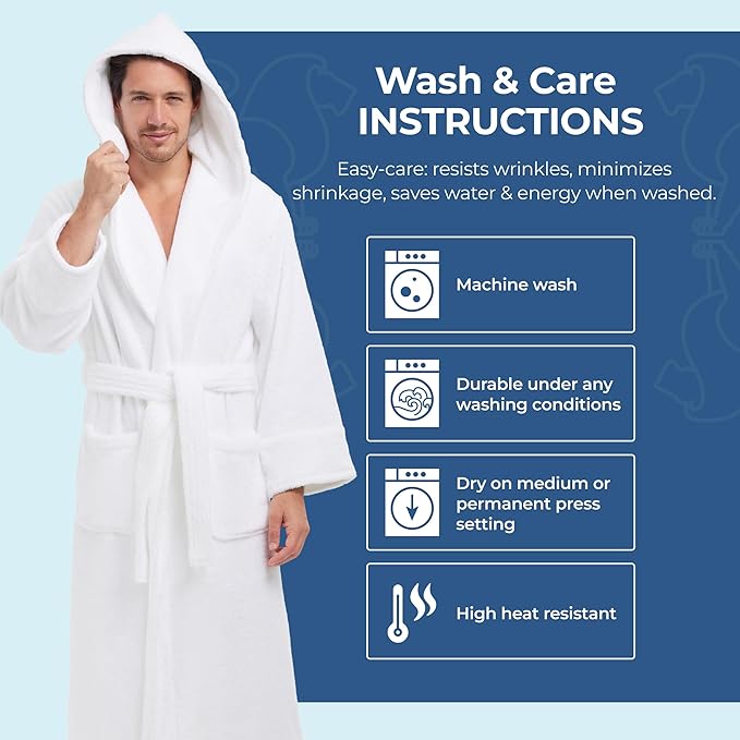 MONARCH Hooded Terry Shawl Collar Unisex Bathrobe – Thick Terrycloth Fabric, Generously Sized Hotel & Spa Robe with Pockets