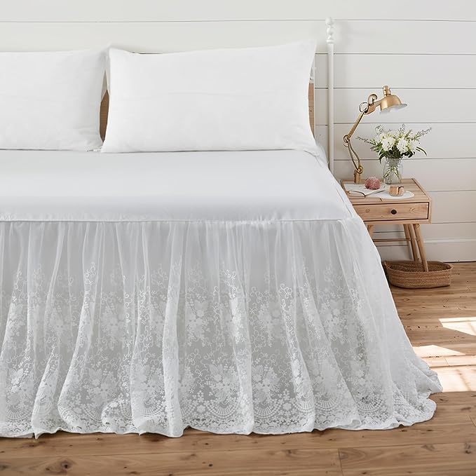 Brandream Lace Bed Skirt Queen Size White 18 Inch Drop Romantic Dust Ruffle Split Corners Bed Sheets Cover Excellent Quality