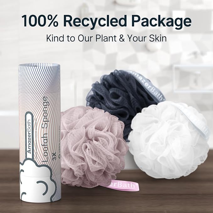 AmazerBath Loofah Sponge 60g/PCS, Shower Loofah for Men and Women - Body Scrubber Loofa Set of 3, Bath Sponge - Grey Blue-Pink-White