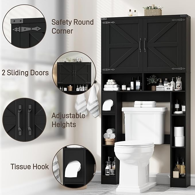 Over The Toilet Storage Cabinet, Farmhouse Storage Cabinet Over Toilet with 2 Barn Doors ，Toilet Paper Holder Stand，Home Space-Saving Toilet Rack, for Laundry, Restroom, Bathroom.Black