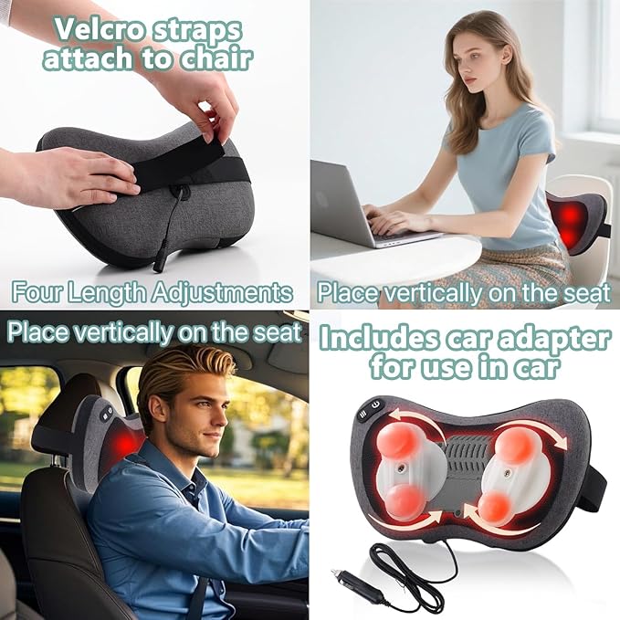 Shiatsu Neck and Back Massager with Heat - Deep Tissue Massage Pillow for Neck, Back & Shoulders Pain Relief, Ergonomic Design Electric Massager for Home, Car, Office Use, Gray