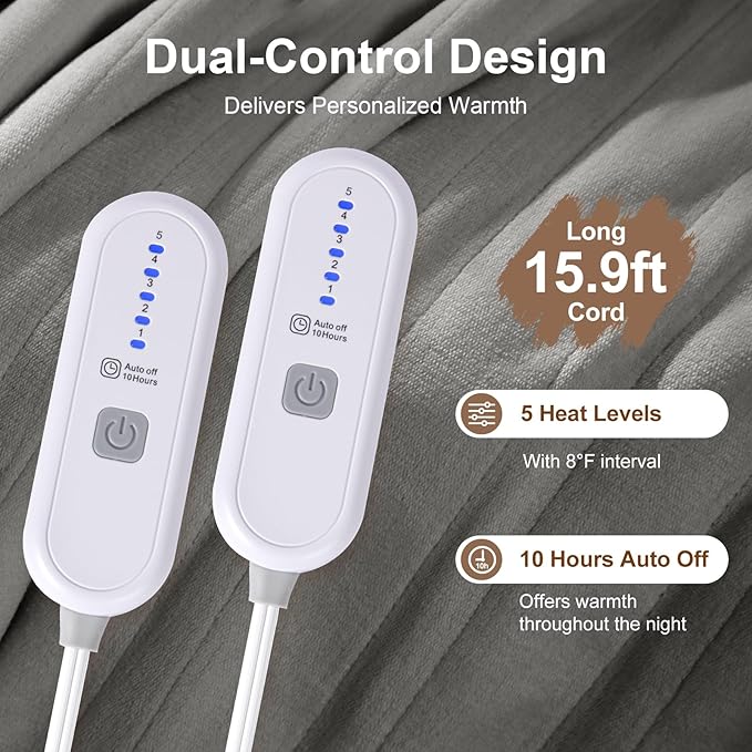 Heated Blanket Queen Size - 84" x 90" Electric Blanket with 5 Heat Settings, Double Zone Heating, 10 Hrs Auto Off, Overheat Protection, Washable Heating Blanket, Gifts for Grandma, Grey