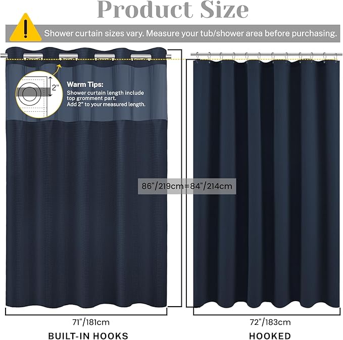 No Hook Shower Curtain with Snap in Liner Set Waffle Shower Curtain for Bathroom Hotel Style Fabric Waterproof Inner Liner，71" W x 86" H, Navy Blue