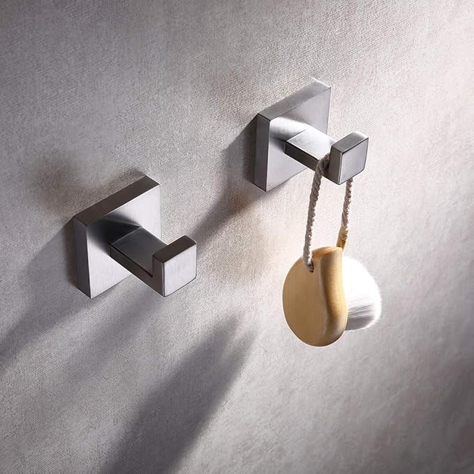 TASTOS Bath Towel Hooks Brushed Nickel, 4 Pack Stainless Steel Robe Coat and Clothes Hook, Heavy Duty Wall Hook for Bathroom & Kitchen, Modern Square Style Wall Mounted
