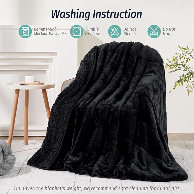 Wemore Sherpa Fleece Weighted Blanket for Adult 12 lbs Dual Sided Cozy Fluffy Heavy Blanket,Ultra Fuzzy Throw Blanket with Soft Plush Flannel Top,48 x 72 inches,Black on Both Sides