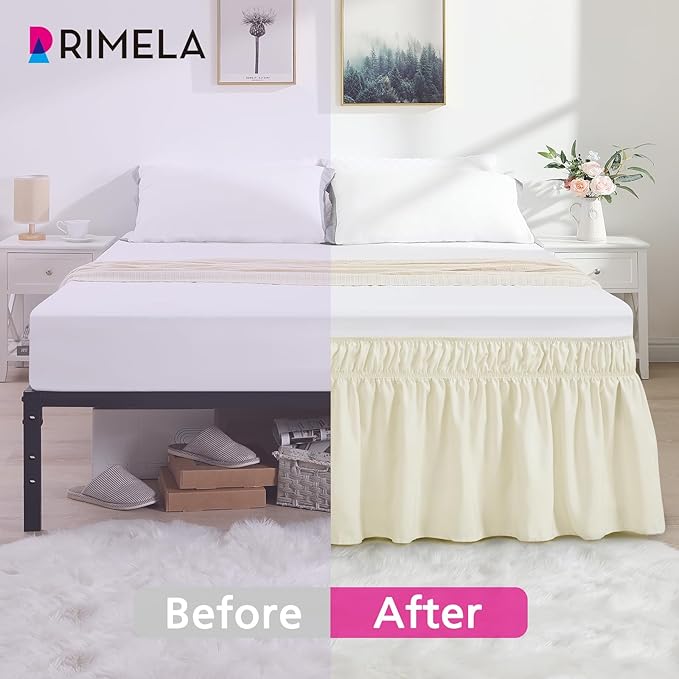 RIMELA Off White Bed Skirt King Size 18 Inch Drop, Elastic Bed Skirting for Bed Base and Frame, Bedding Dust Ruffle Easy to Install, Lightweight Wrap Around Adjustable Bedskirt