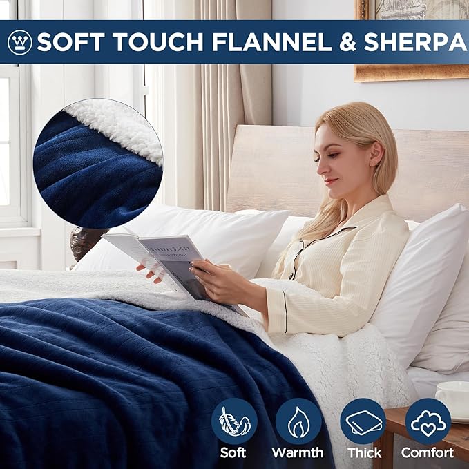 Westinghouse Electric Blanket Full, Heated Blanket Full Size with 10 Heating Levels and 1 to 12 Hours Heating Time Settings, Flannel to Sherpa Reversible, Machine Washable (80" x 84", Navy)
