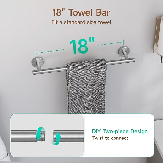USHOWER Brushed Nickel Bathroom Hardware Set, Modern 18-Inch Towel Bar Set Wall Mounted, Durable SUS304 Stainless Steel Bathroom Accessories Set, 4-Piece