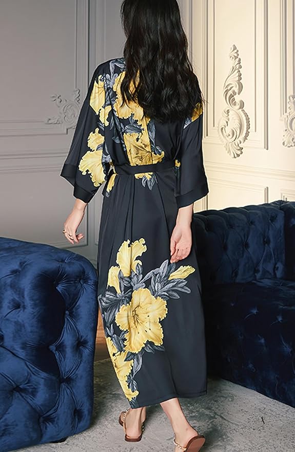 Silk Satin Robe for Women Long Japanese Kimono Robe Lightweight Soft Bathrobe Floral Luxury Dressing Gown
