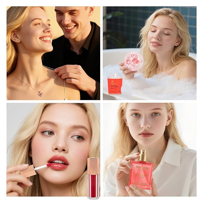 Christmas Gifts for Women, Red Rose 33 Pcs Spa Bath & Body Gift Set, Face Sheet Mask Skin Care, Hydrogel Mask, Lip Gloss, Cosmetic Bag, Face Serum, Necklace, Cleanser, Gua Sha, Mother Day, Birthday