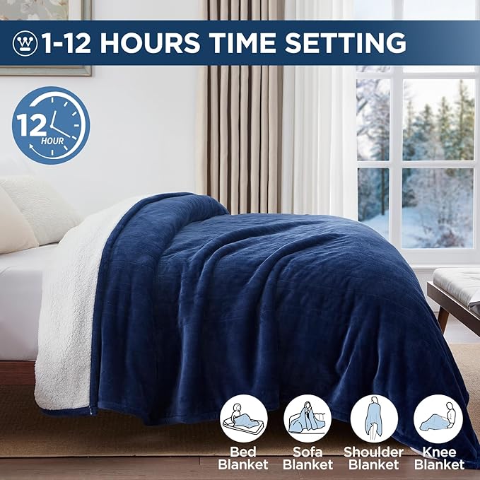 Westinghouse Electric Blanket King, Heated Blanket King Size with 10 Heating Levels and 1 to 12 Hours Heating Time Settings, Flannel to Sherpa Reversible, Machine Washable (90" x 100", Navy)