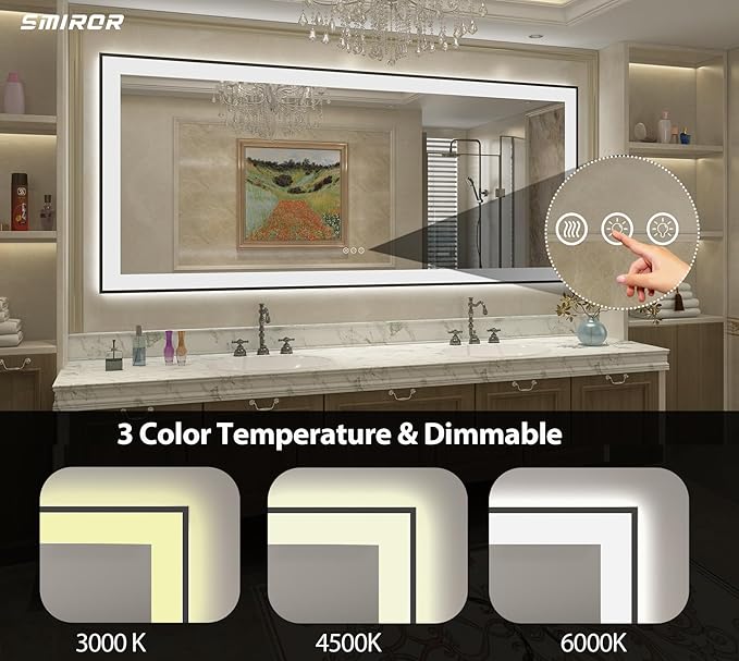 SMIROR 60x 40 Black Framed LED Bathroom Mirrors, Smart Vanity Mirrors with Lights, Front Lighted and Backlit, Dimmable, Anti-Fog, Shatterproof, ETL Listed (Horizontal/Vertical)