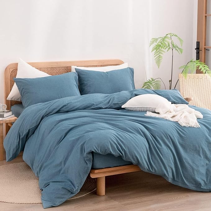BESTOUCH Duvet Cover Set 100% Washed Cotton Linen Feel Super Soft Comfortable Chic Lightweight 3 PCs Home Bedding Set Solid Dark Blue Oversized Full