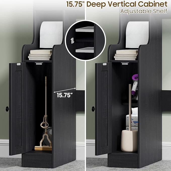 Over The Toilet Storage Cabinet, Storage Cabinet Over Toilet with Double Doors & Toilet Paper Holder Stand, Freestanding Toilet Shelf Space Saver with Anti-Tip Design & Adjustable Shelf, Black