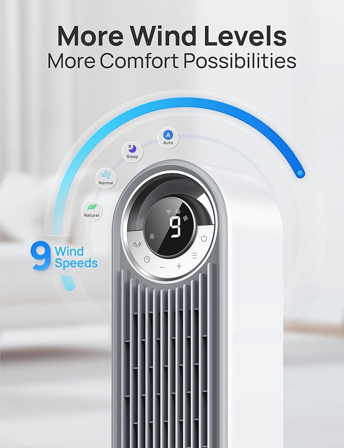 Dreo Tower Fan for Bedroom, Upgrated DC 9 Speeds Ultra-Quiet Floor Fan, 90° Oscillating Fans for Indoors with 28ft/s Velocity, 12H Timer, Standing Fans, Bladeless Fan Powerful for Home Office Room