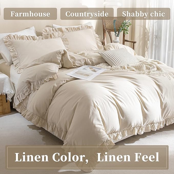 QSH Washed Cotton Duvet Cover King Ruffle Duvet Cover Linen Feel Textured Farmhouse Shabby Vintage Chic Bedding Comforter Cover 3 Pieces Aesthetic Elegant King Bedding