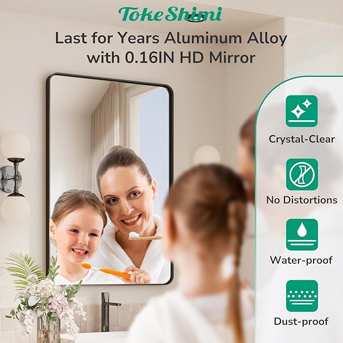 TokeShimi 24x36 Black Bathroom Mirror,Wall Mirror for Bathroom with Tempered Glass,Matte Black Bathroom Vanity Mirror for Over Sink,Seamless Aluminum Framed Mirror(Horizontal/Vertical)