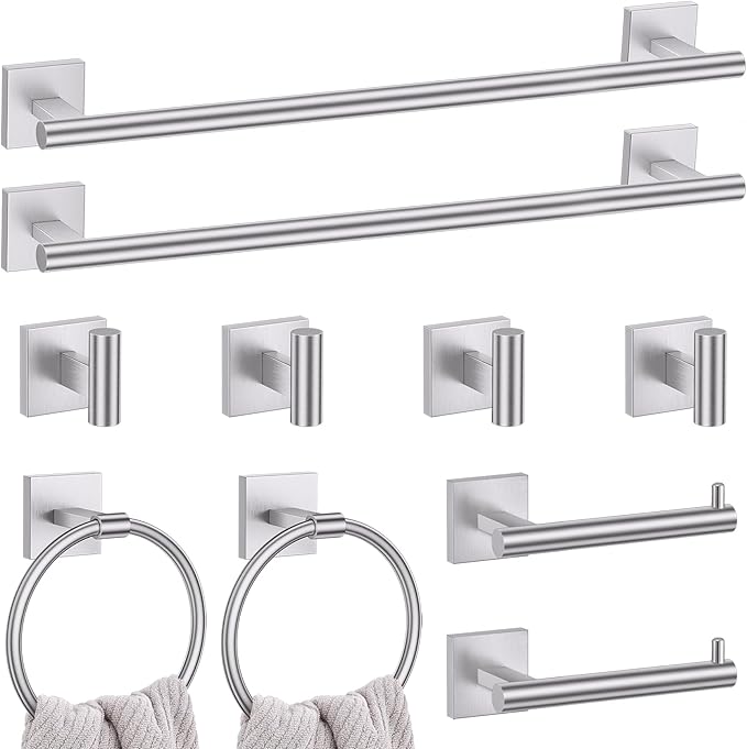 10 Pieces Bathroom Hardware Set Brushed Nickel Towel Bar Set Includes 23.6” Towel Bar, Towel Ring Holder, Toilet Paper Holder and Two Towel Hooks, Bathroom Accessories Set SUS304 Wall Mounted