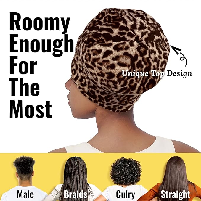 Satin Lined Sleep Cap Bonnet for Curly Hair and Braids, Stay On All Night Hair Wrap with Adjustable Strap for Women and Men, Brown Leopard, Pack of 1