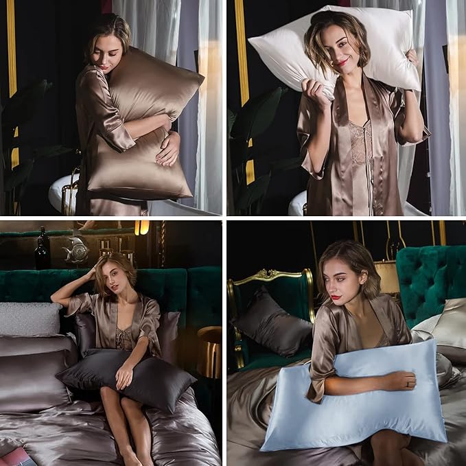 Silk Body Pillow Cases, Mulberry Silk Body Pillow Cover with Zipper, Smooth, Anti Acne, Cooling Sleep Both Sides Natural Silk Satin 20x54 Body Pillowcase, Gifts for Women Men, Grey