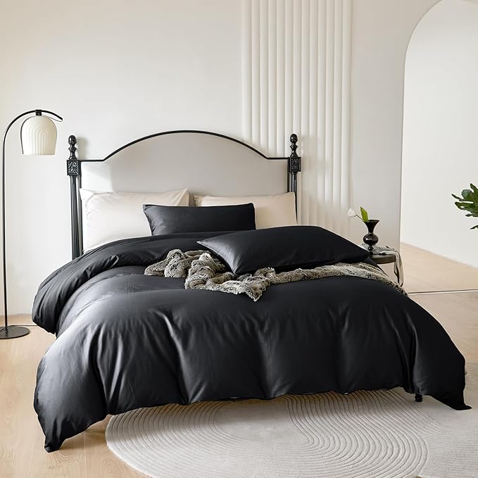 PURE ERA Duvet Cover Set 800 Thread Count Long Staple Cotton Sateen Soft Luxurious Smooth 3 Piece Set Black Full
