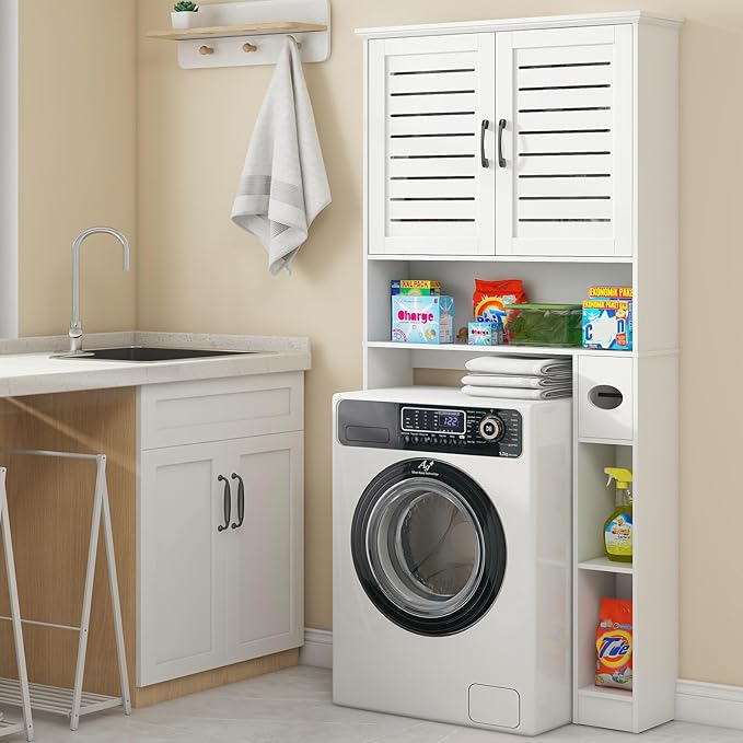 Over The Toilet Storage Cabinet, Wood Over Toilet Bathroom Organizer Cabinet with 2 Doors, Freestanding Home Space Save Toilet Rack for Restroom, Bathroom, Laundry, White