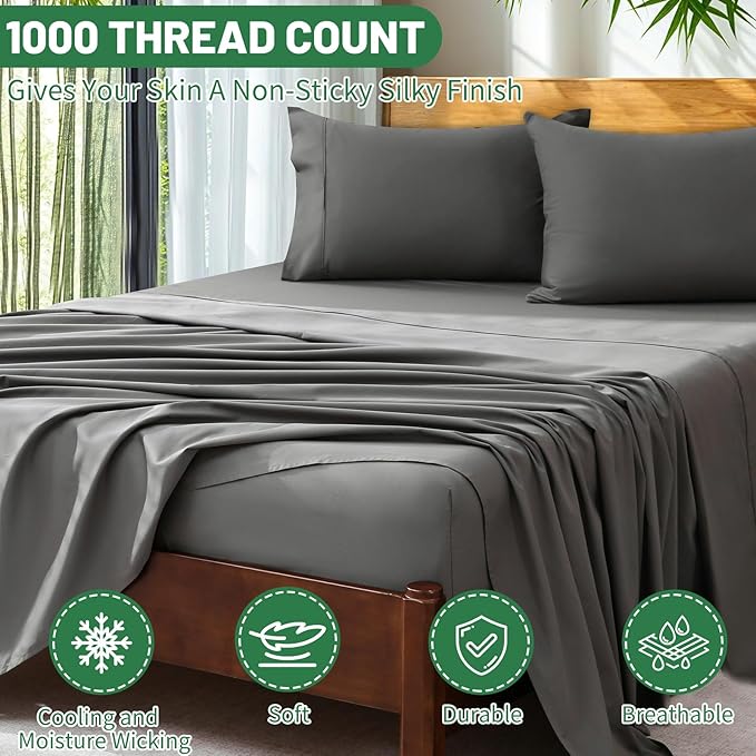 Extra Deep Pocket Queen Sheets 18-24 Inch 1000 Thread Count 100% Egyptian Cotton Sateen Weave Soft Breathable 4 Pieces（Queen,Dark Grey）