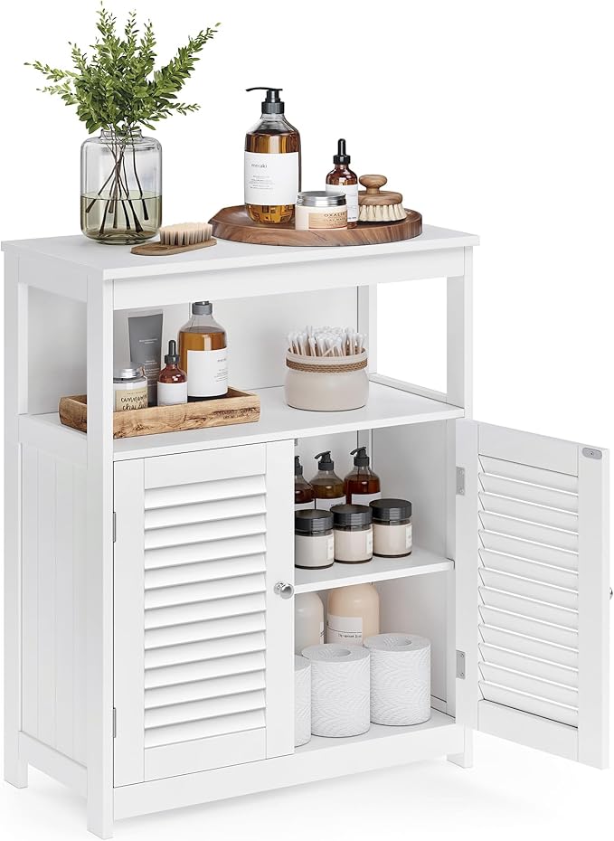 VASAGLE Floor Storage Cabinet, Freestanding Storage Unit with Double Shutter Doors and Adjustable Shelf, for Living room, Bathroom, Entryway, Kitchen, White UBBC40WT