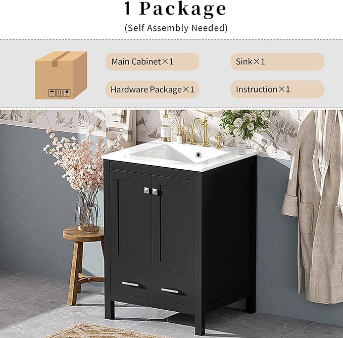 24" Bathroom Vanity with Sink Combo Set, Solid Wood Frame Bathroom Storage Cabinet with 2 Drawers and 1 Drawer, Double-layer Door Shelf, Soft Closing Cabinet Door with Organizer, Black
